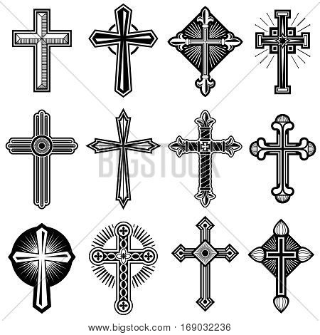 Catholic christian cross with ornament vector icons. Set of religious crosses, illustration of black white cross of christ