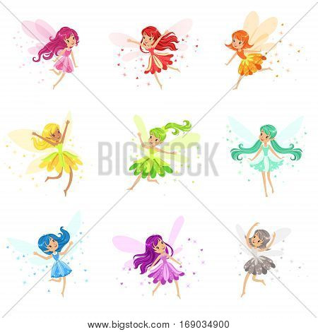 Colorful Rainbow Set Of Cute Girly Fairies With Winds And Long Hair Dancing Surrounded By Sparks And Stars In Pretty Dresses. Kids Fairy-tale Characters Fantasy Female Pixie Adorable Vector Illustrations.