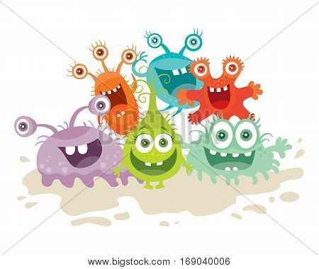 Set of cartoon monsters. Funny smiling germs. Character with big eyes. Microorganism bacterias with tooth, hands, open mouth. Vector funny illustration in flat design. Friendly viruses. Microbe faces