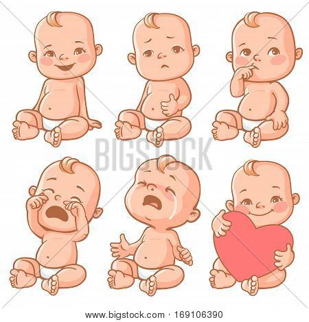 Set with cute little baby in diaper with different emotions. Various face expressions. Happy child, baby cry, toddler hold heart, sick child, sad boy, crying girl, screaming baby. Colorful vector.