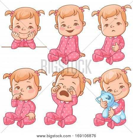 Set with cute little baby girl in pink pajama with different emotions. Various face expressions. Happy child, crying girl, sick baby, one year old smiling toddler hold plush toy, sick  Colorful vector