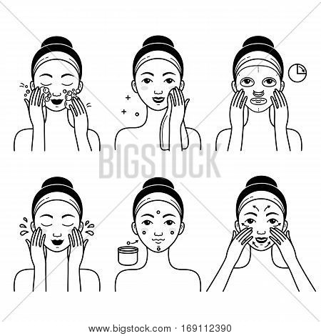 Face skin care set with girl isolated vector illustration. Girl washing her face, cleansing and applying cosmetic cream. Healthy lifestyle, face skincare hygiene procedures, facial mask and massage.