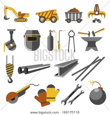 Icons set of metallurgy industry. Symbols of work plant: pipe, equipment and iron, truck for ore, steel casting, rail, helmet and factory. Vector flat illustration isolated on white background.