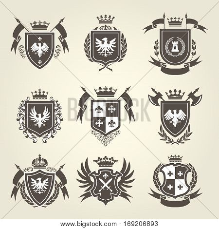 Medieval royal coat of arms and knight emblems - heraldic shield crest