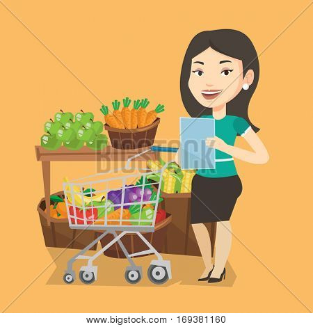 Young caucasian woman checking shopping list. Smiling woman holding shopping list near trolley with products. Happy woman writing in shopping list. Vector flat design illustration. Square layout.