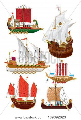 Vector illustration set of vintage sailing ships. phoenician ship - bireme galleon galley chinese ship - junk viking ship - drakkar. isolated on white.