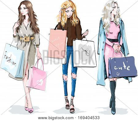 Set of beautiful young girls with shopping bags. Fashion women. Shopping day concept. Stylish sketch. Vector illustration.