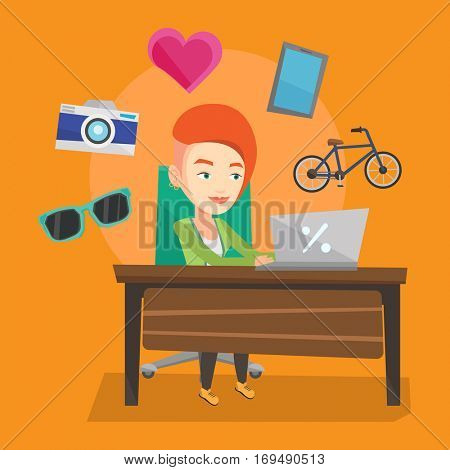 Young caucasian woman using laptop for online shopping. Happy woman doing online shopping. Woman buying in online shop. Girl buying on internet. Vector flat design illustration. Square layout.