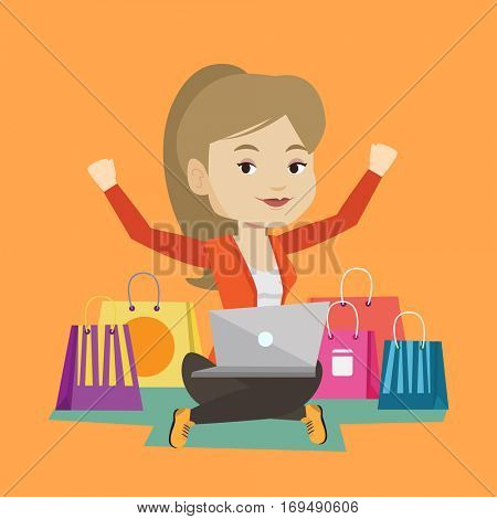 Young caucasian woman with hands up using laptop for shopping online. Happy customer sitting with shopping bags around her. Woman doing online shopping. Vector flat design illustration. Square layout.