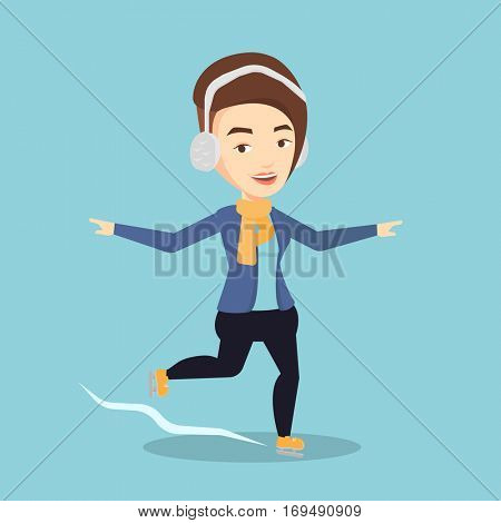 Happy caucasian sportswoman ice skating. Young smiling woman ice skating. Young cheerful woman at skating rink. Female figure skater posing on skates. Vector flat design illustration. Square layout.