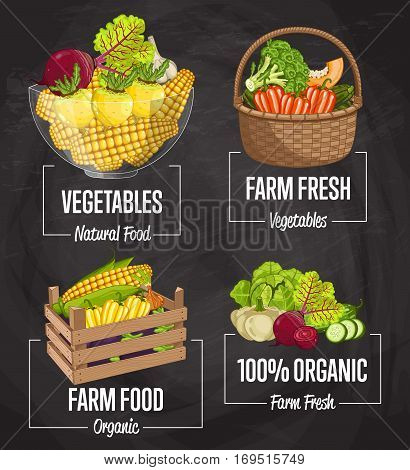 Organic farm food set vector illustration. Fresh natural vegetable, organic farming, vegan food store, retail farm product label. Healthy farm advertising with pepper, broccoli, corn, carrot, beet.