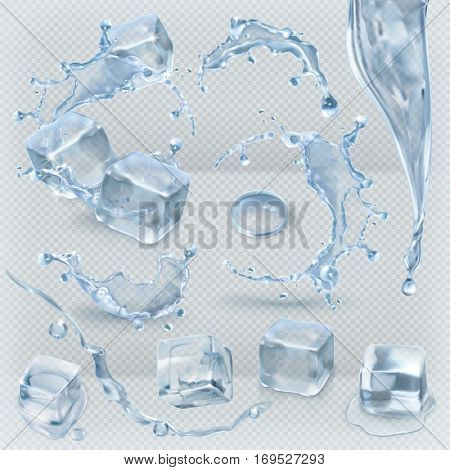 Water splashing and ice cube with transparency, 3d vector set