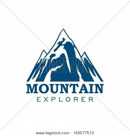 Alpine mountain or rock icon. Vector emblem of blue Alp snow peaks. Isolated badge for alpine climbing extreme sport adventure, mountaineering explorer trip, winter nature trip or tourist camping expedition, skiing or snowboarding