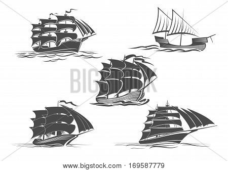 Sailing ship or frigate warship vector isolated icons set. Navy or maritime transport symbol of yacht with mast and sails, ironclad sailboat or pirate boat float drifting on sea waves