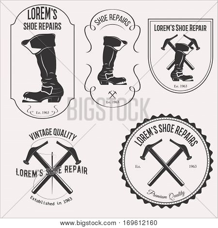 Vintage shoe repair logo set emblems, badges and design elements on white background