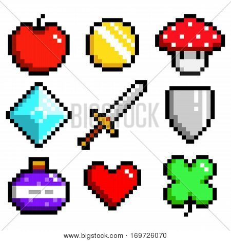 Set of minimalistic pixel art vector objects isolated. game 8 bit style. minimalistic pixel graphic symbols group collection. apple, coin, mushroom, diamond, sword, shield, potion, heart, lucky clever