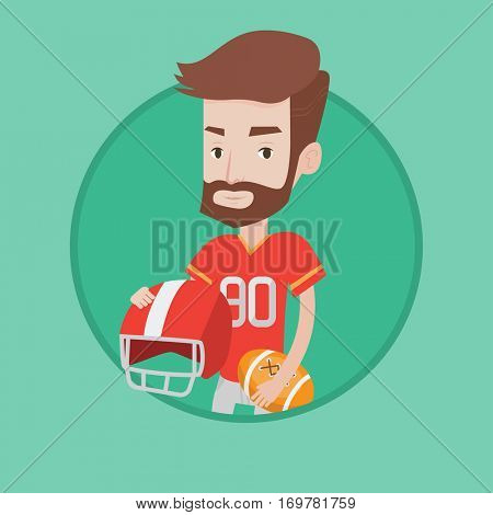 A hipster rugby player with the beard holding rugby ball and helmet in hands. Young caucasian male rugby player in uniform. Vector flat design illustration in the circle isolated on background.