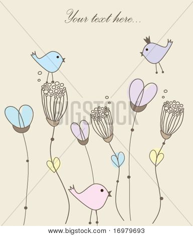 Carte de voeux avec des oiseaux sur fleurs. Vector.