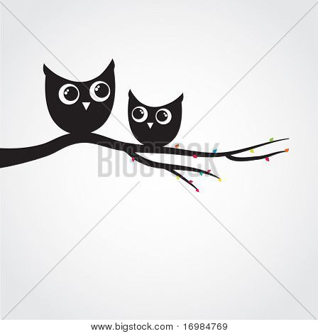 Two cute owls on the tree branch