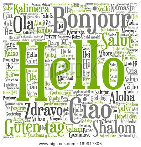 Concept or conceptual abstract hello or greeting international word cloud in different languages or multilingual metaphor to world, foreign, worldwide, travel, translate, vacation or tourism