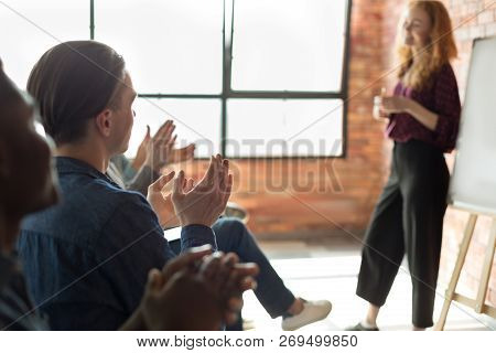 Audience Clapping Hands To Speaker After Informative Business Seminar. Professional Education, Prese