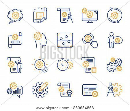 Engineering Line Icons. Set Of Idea Bulb, Dividers Tools And Blueprint Linear Icons. Cogwheel, Calcu