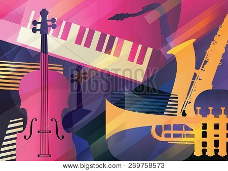 Abstract Jazz Art, Music Instruments, Trumpet, Contrabass, Saxophone And Piano.