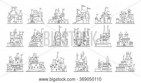 Medieval Castle Isolated Line Set Icon. Vector Illustration Ancient Palace On White Background. Vect