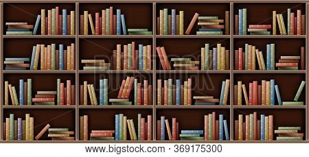 Bookshelf Background, Books On Shelf In Library, Home, School Or Office Interior. Volumes With Color