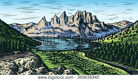 Mountain Landscape Background. Forest And Alpine Peaks. Vintage Mount. Travel Concept. Hand Drawn En