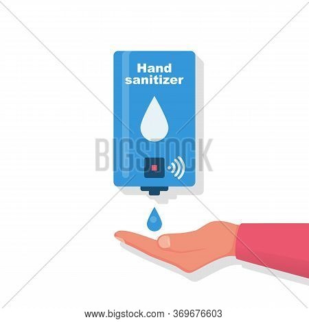 Hand Sanitizer Wall. People Use Automatic Alcohol Antiseptic Gel. Drop Of Antibacterial Gel In Palm.