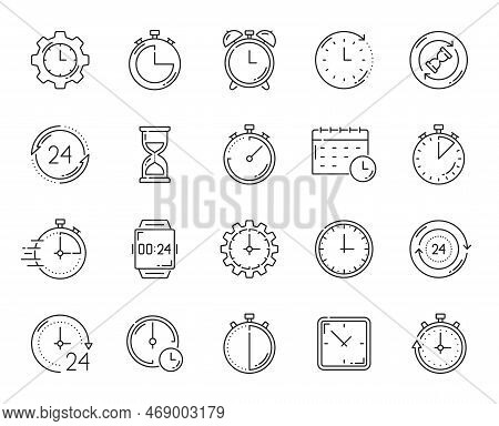 Timer Clock Outline Icons. Alarm, Stopwatch, Calendar Timer. Time Measuring, Management And Planning