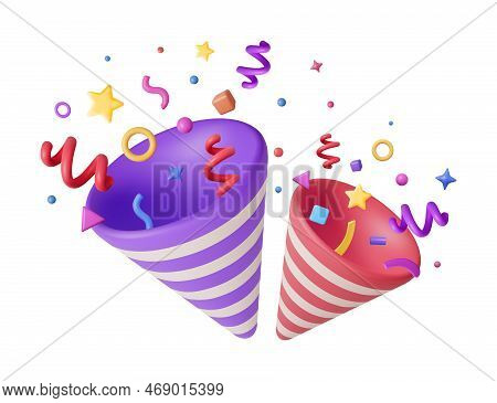 3d Party Popper With Confetti Isolated On White. Render Plasticine Confetti Collection. Colorful Fir