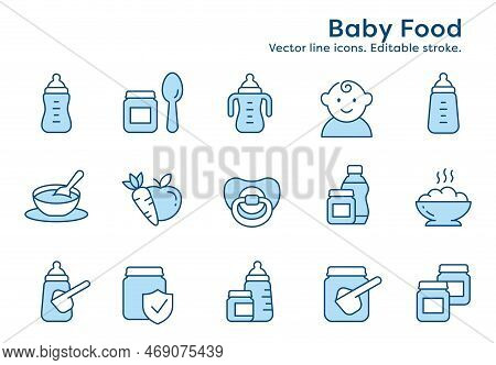 Baby Food Outline Icons, Such As Milk, Jar, Powder, Porridge And More. Editable Stroke.