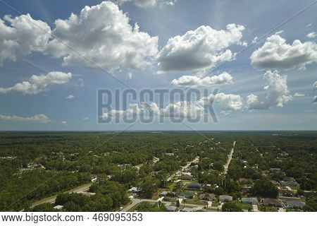 Aerial Landscape View Of Suburban Private Houses Between Green Palm Trees In Florida Quiet Rural Are