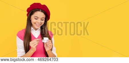 Happy Teen Girl In French Beret Apply Blush With Powder Bwush, Makeup. Cosmetics For Teenager Child,