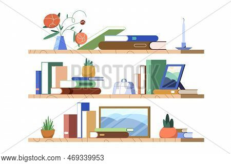 Flat Colorful Books, Plants And Picture Frames Stand On Bookshelf. School Bookcase Or Shelf Hanging 