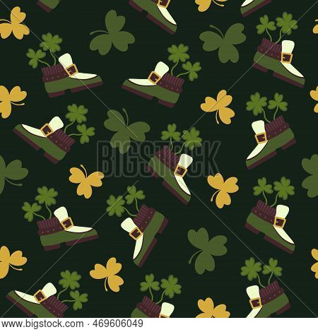 Decorative Patterns With Traditional Elements Set Of St. Patrick Green Boot Clover