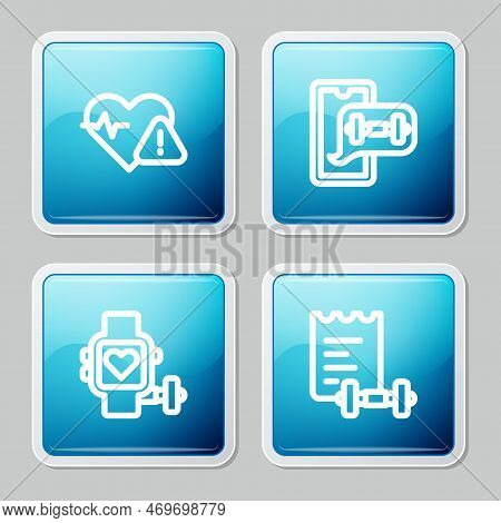 Set Line Heart Rate, Fitness App, Smart Watch With Heart And Sport Training Program Icon. Vector