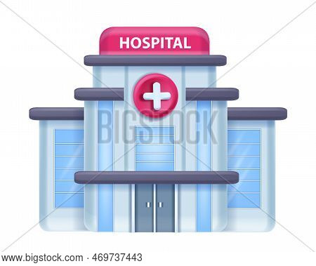 3d Hospital Building Icon, Vector Minimal Clinic Facade, Ambulance Help Entrance Door View, Window. 