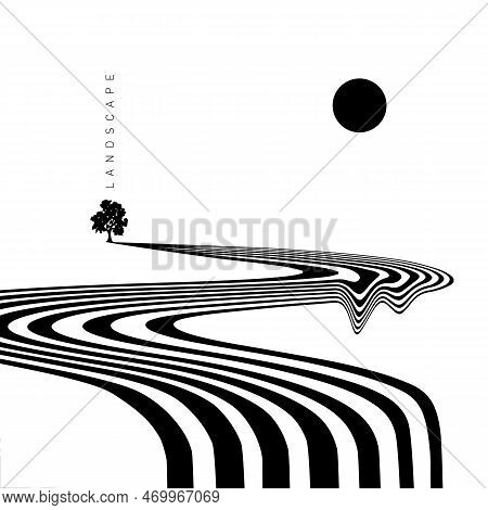 Hypnotic Optical Vector Illustration. Multidimensional Waves Flowing Like A River, With Sun, A Tree,