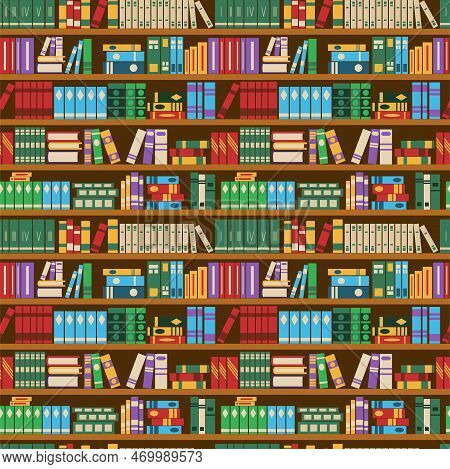 Bookshelf Pattern. Books Wall. Bookshop Backdrop. Library Interior. Shelves With Textbook Stacks. St