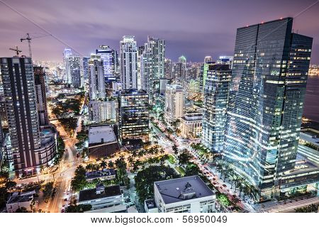 Miami, Florida, USA downtown nightt aerial cityscape at night.