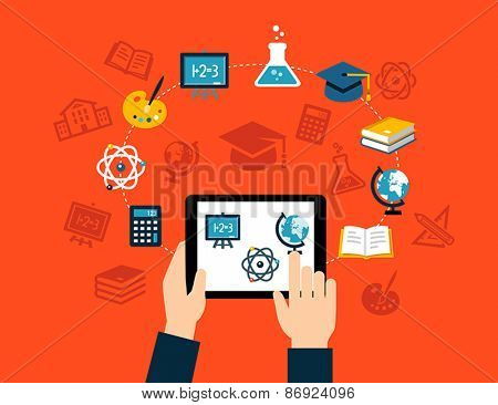 Background with flat design icons representing education, studying, e-learning or online training. Can be used for print, web or for mobile app design.