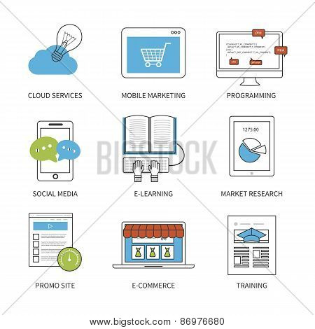 Flat design modern vector illustration concept for cloud services, mobile marketing, programming, so