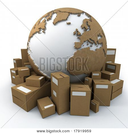 White and cardboard earth surrounded by big cardboard boxes