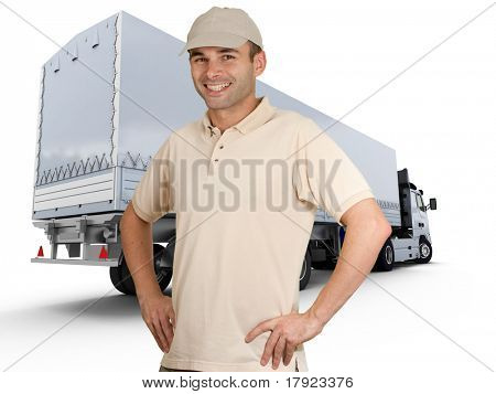 Isolated image of a man in front of a trailer truck