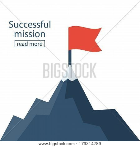 Red flag on mountain peak. Successfull mission icon business concept. Vector illustration flat. Isolated on background. Goal achievement. Symbol of victory, winning.