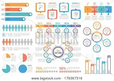 Set of most useful infographic elements - bar graphs, human infographics, pie charts, steps and options, workflow, puzzle, percents, circle diagram, timeline, vector eps10 illustration