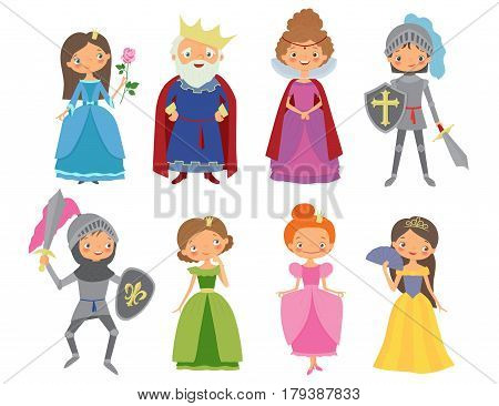 Fairy tale. King Queen Knights and Princesses. Cartoon vector illustration